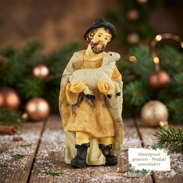 Handbemalte Krippenfigur Schäfer mit einem Schaf, ca. 12 cm, K 507-14